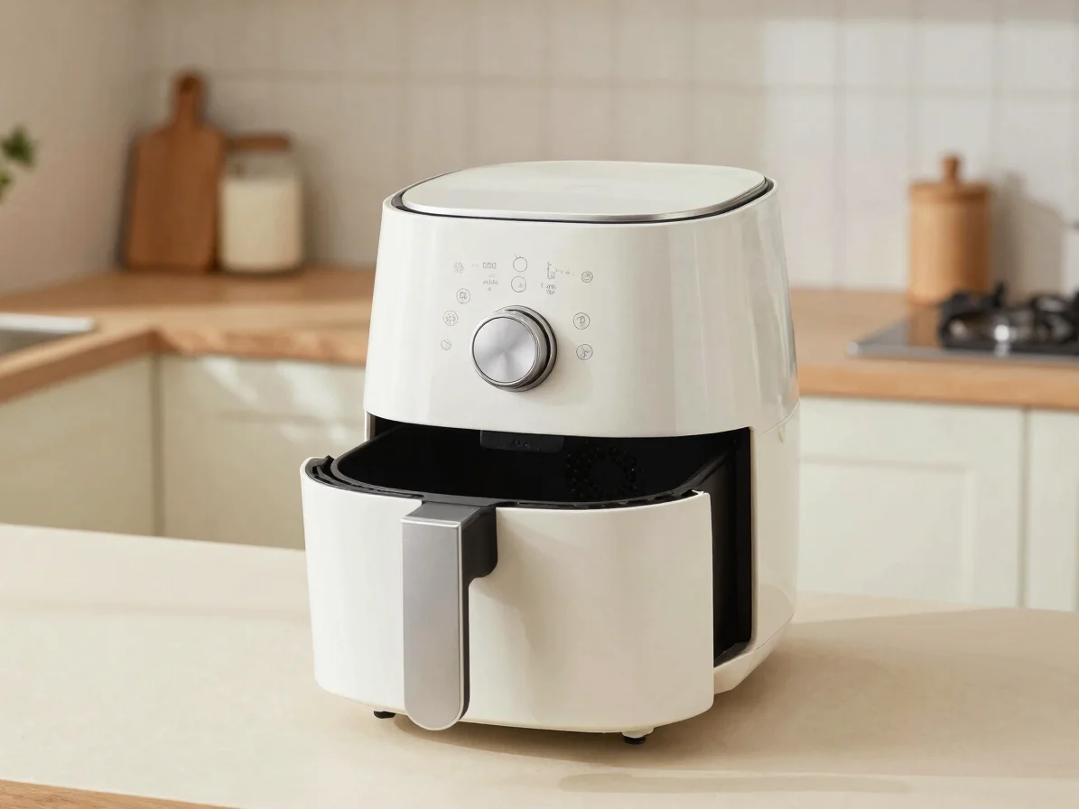 Air fryer em bancada de cozinha residencial, luz natural difusa,