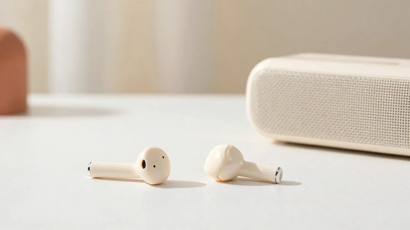 Editorial product photography of a pair of wireless earbuds and a