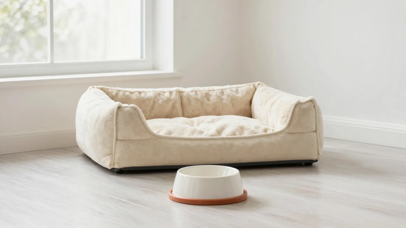 Editorial product photography of a food bowl and a soft pet bed i