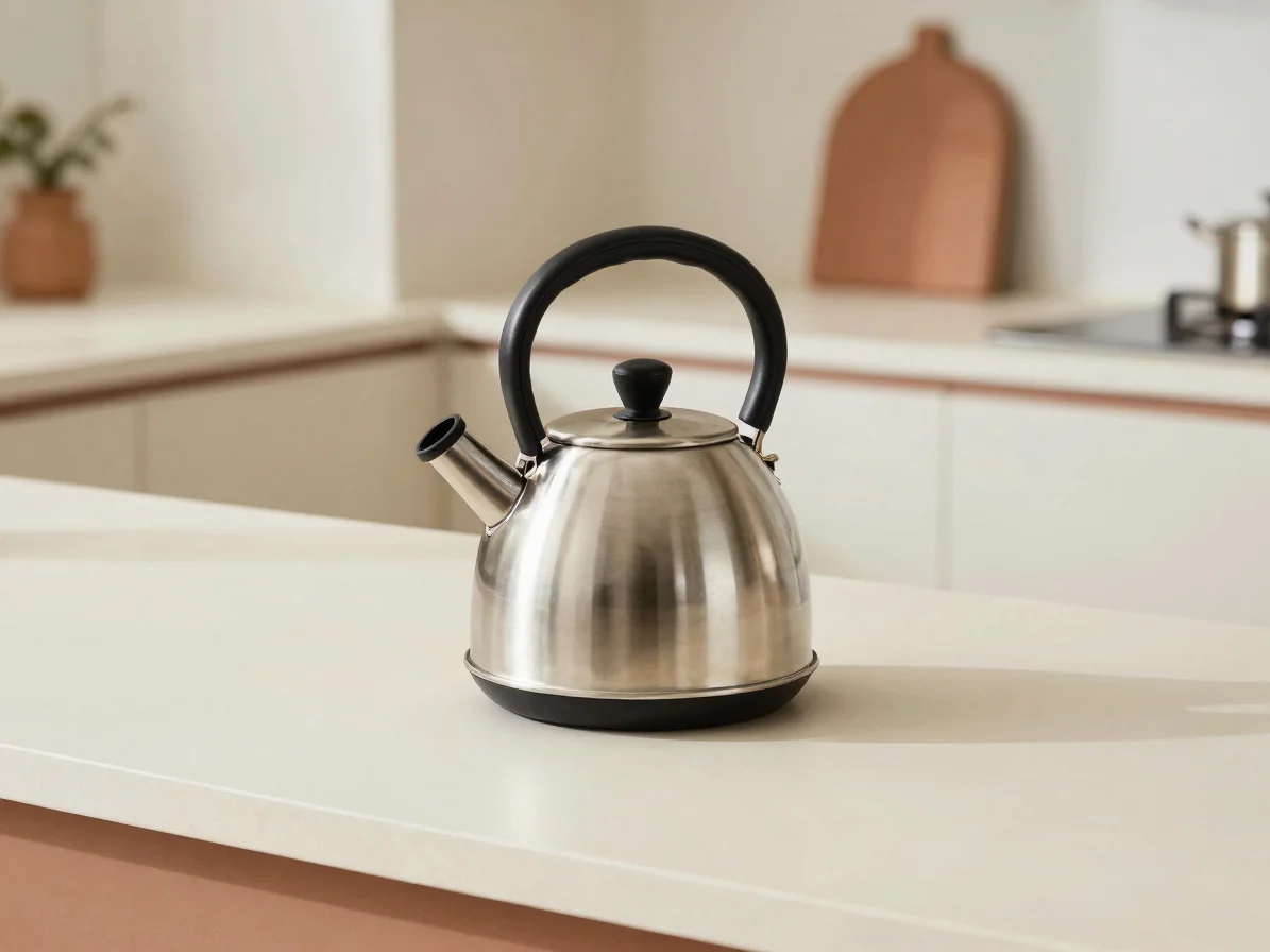 Editorial product photography of a stainless steel kettle on a cr